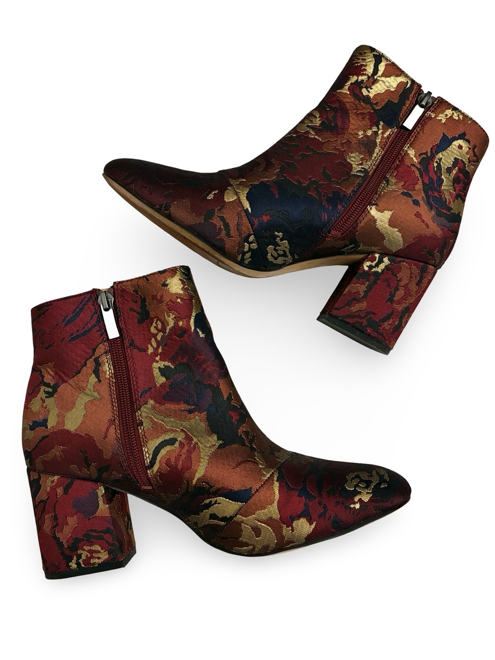 Franco Sarto Floral Jacquard Ankle Boots - Multi Burgundy & Gold